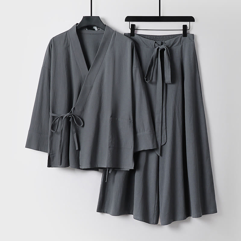 Buddha Stones 2Pcs Fall Lace-up Cotton Kimono Ankle-Length Wide Leg Pants With Pockets Men's Meditation Cloth Set - Gray - US/UK/AU54，EU64 (9XL) - image 0