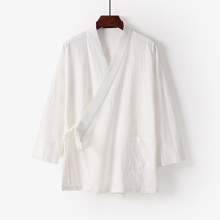 Buddha Stones 2Pcs Fall Lace-up Cotton Kimono Ankle-Length Wide Leg Pants With Pockets Men's Meditation Cloth Set - image 20