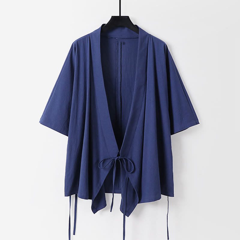 Buddha Stones 2Pcs Fall Lace-up Three Quarter Sleeve Cotton Kimono Drawstring Pants With Pockets Men's Meditation Cloth Set - image 8