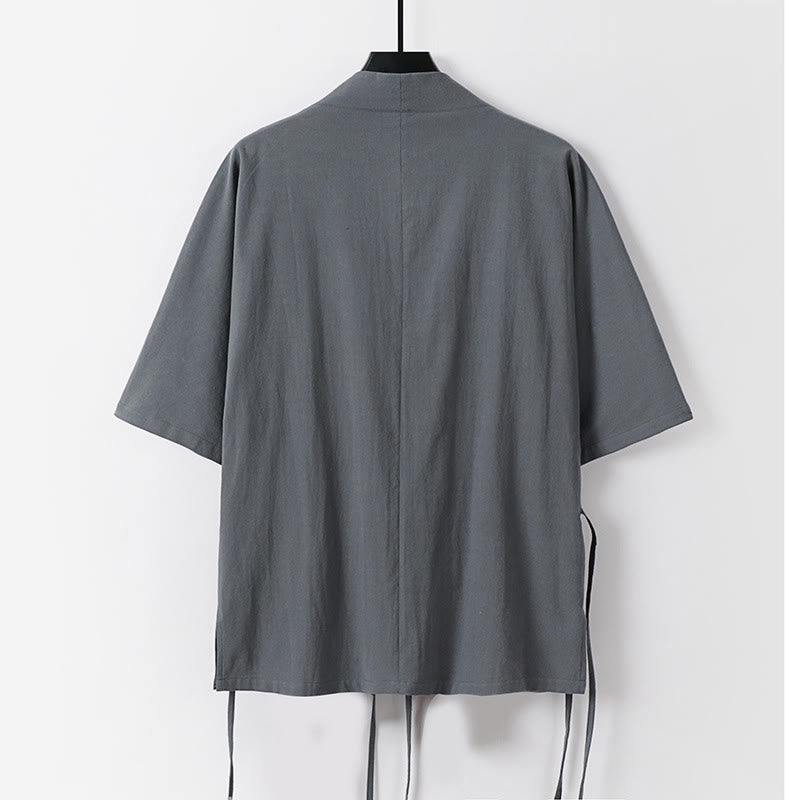 Buddha Stones 2Pcs Fall Lace-up Three Quarter Sleeve Cotton Kimono Drawstring Pants With Pockets Men's Meditation Cloth Set - image 2