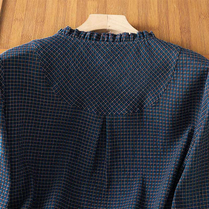 Buddha Stones Fall Blue Plaid V-Neck Buttons Design Women's Cotton Long Sleeve Shirt - image 4