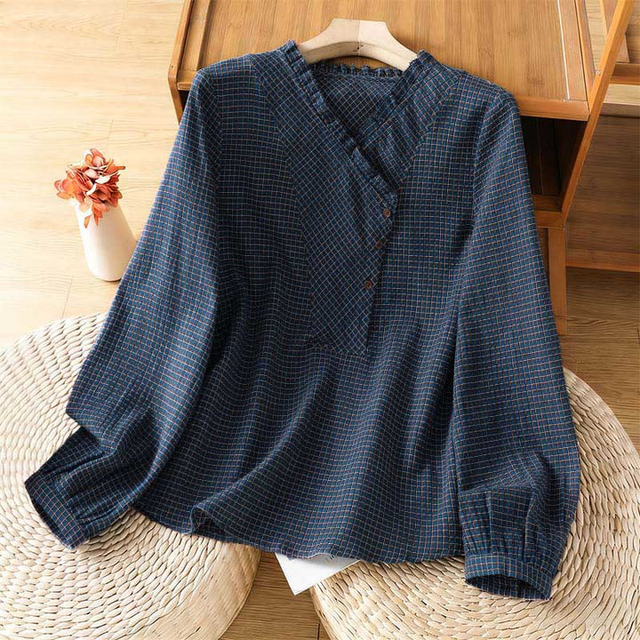 Buddha Stones Fall Blue Plaid V-Neck Buttons Design Women's Cotton Long Sleeve Shirt - SteelBlue - US8-10，UK/AU12-14，EU40-42 (2XL) - image 0