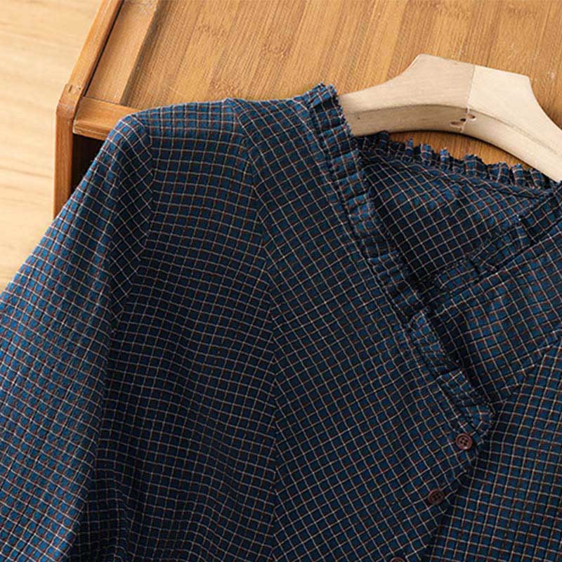 Buddha Stones Fall Blue Plaid V-Neck Buttons Design Women's Cotton Long Sleeve Shirt - image 3