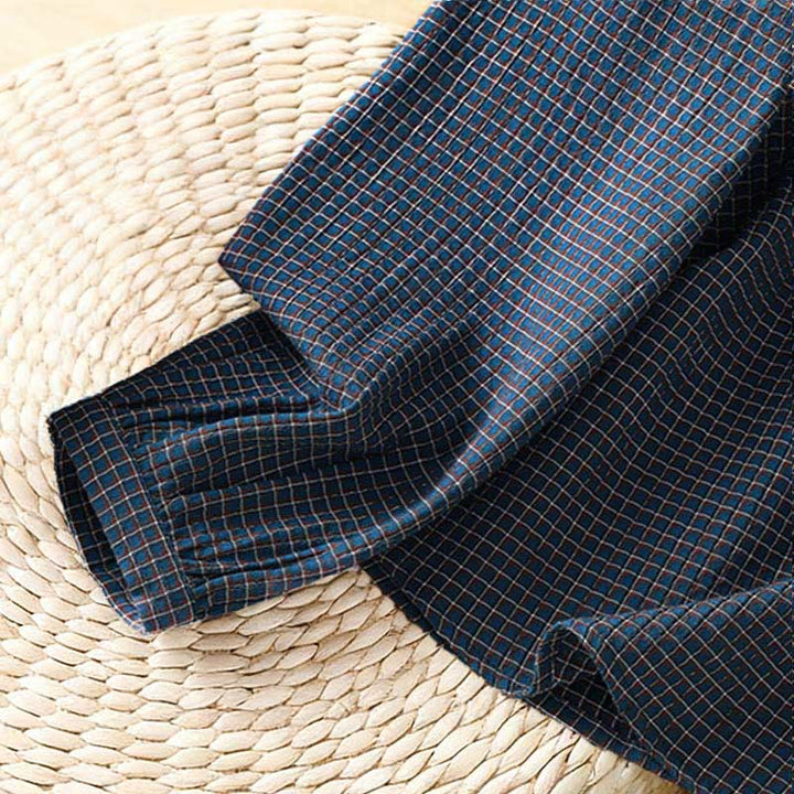 Buddha Stones Fall Blue Plaid V-Neck Buttons Design Women's Cotton Long Sleeve Shirt - image 6