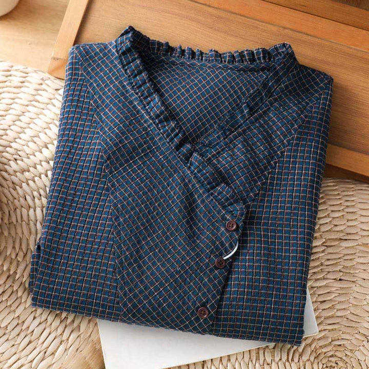 Buddha Stones Fall Blue Plaid V-Neck Buttons Design Women's Cotton Long Sleeve Shirt - image 2