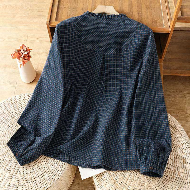 Buddha Stones Fall Blue Plaid V-Neck Buttons Design Women's Cotton Long Sleeve Shirt - image 1