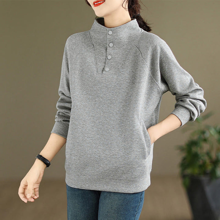 Buddha Stones Fall Solid Stand Collar Buttons Design Long Sleeve Women's Cotton Sweatshirt - image 7