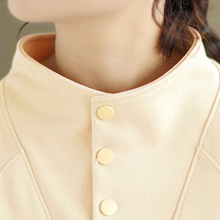 Buddha Stones Fall Solid Stand Collar Buttons Design Long Sleeve Women's Cotton Sweatshirt - image 15