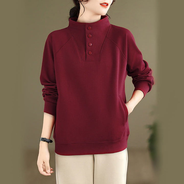 Buddha Stones Fall Solid Stand Collar Buttons Design Long Sleeve Women's Cotton Sweatshirt - DarkRed - US8-10，UK/AU12-14，EU40-42 (2XL) - image 31