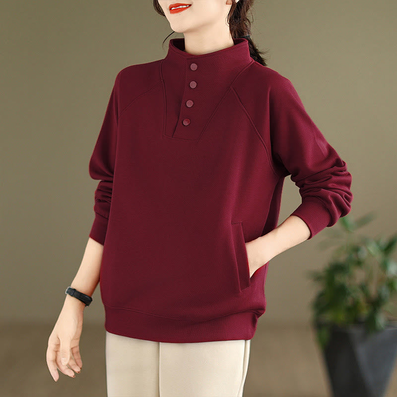 Buddha Stones Fall Solid Stand Collar Buttons Design Long Sleeve Women's Cotton Sweatshirt - image 32