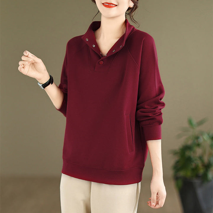 Buddha Stones Fall Solid Stand Collar Buttons Design Long Sleeve Women's Cotton Sweatshirt - image 33