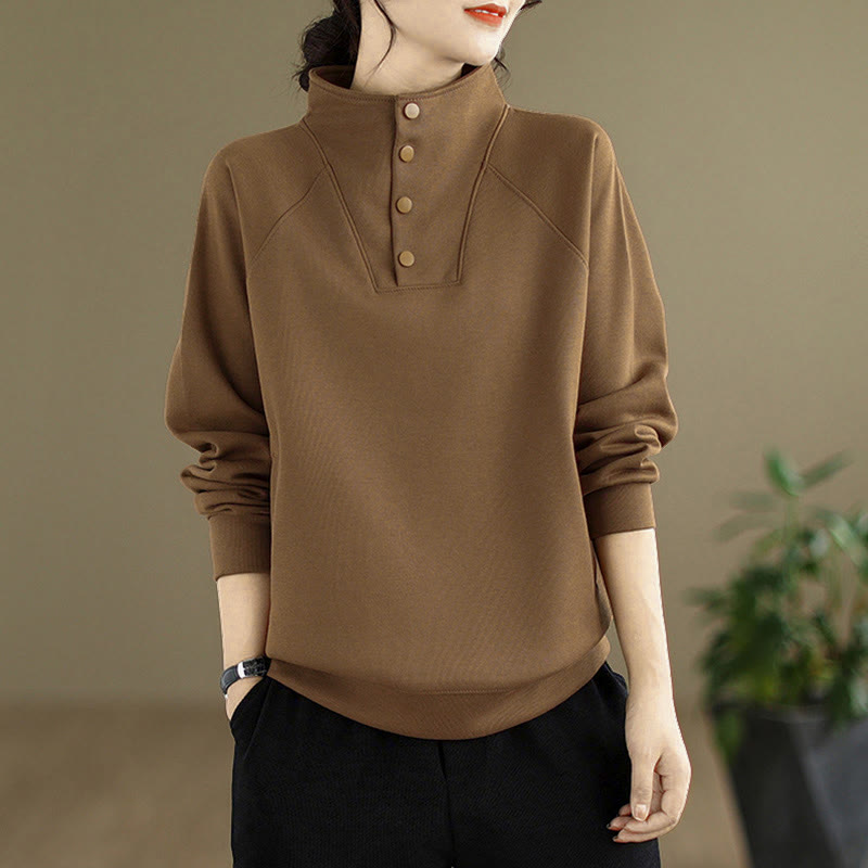 Buddha Stones Fall Solid Stand Collar Buttons Design Long Sleeve Women's Cotton Sweatshirt - image 27