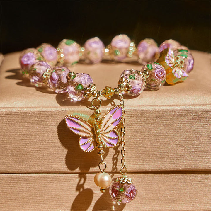 Buddha Stones Double Butterflies Charm Flower Liuli Glass Beaded Love Bracelet - image 1