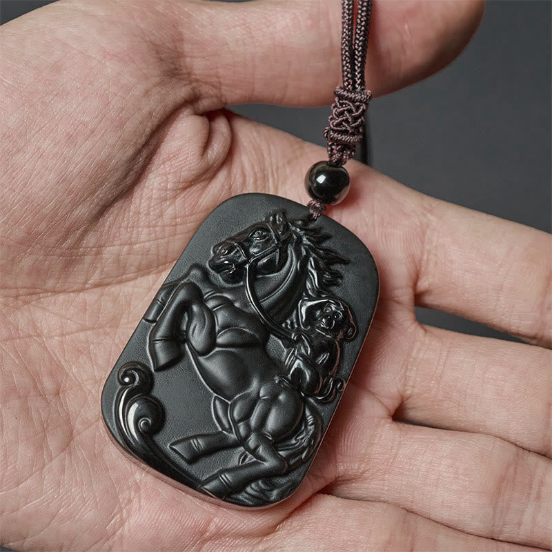 Buddha Stones Year of the Horse Monkey Pattern Om Mani Padme Hum Black Obsidian Strength Necklace Pendant - image 12