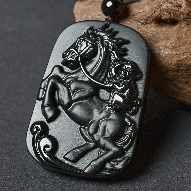 Buddha Stones Year of the Horse Monkey Pattern Om Mani Padme Hum Black Obsidian Strength Necklace Pendant - Horse&Monkey - image 10