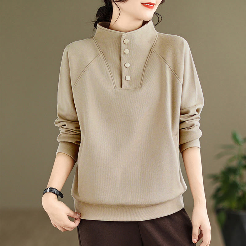 Buddha Stones Fall Solid Stand Collar Buttons Design Long Sleeve Women's Cotton Sweatshirt - Tan - US8-10，UK/AU12-14，EU40-42 (2XL) - image 21