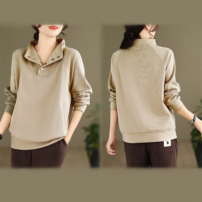 Buddha Stones Fall Solid Stand Collar Buttons Design Long Sleeve Women's Cotton Sweatshirt - image 25