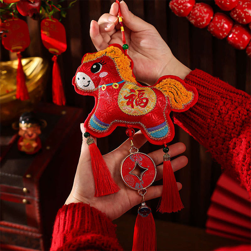 Buddha Stones Embroidery Year Of The Horse Fu Character Copper Coin Shape Red String Hanging Decoration - Horse Fu Character(16*48cm) - image 0