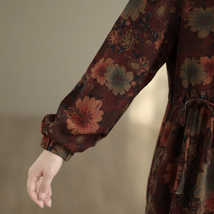 Buddha Stones Flower Pattern Long Sleeve Cotton Midi Dress With Pockets - image 10