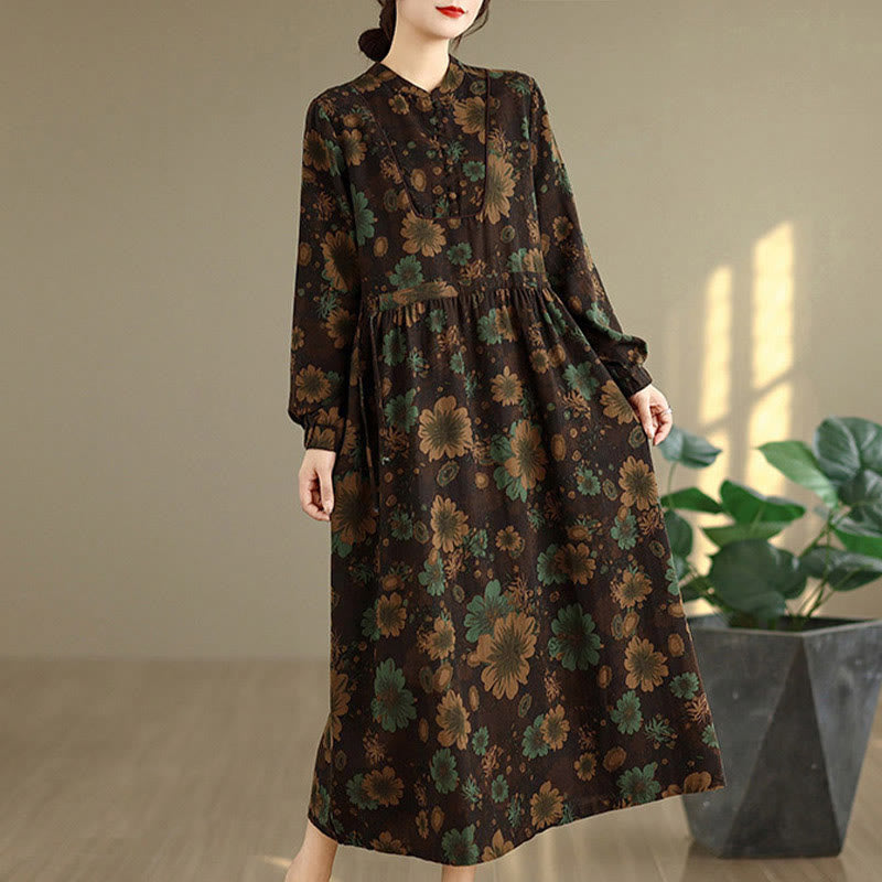 Buddha Stones Flower Pattern Long Sleeve Cotton Midi Dress With Pockets - image 19