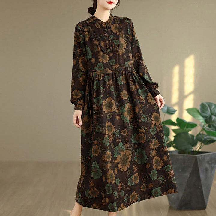 Buddha Stones Flower Pattern Long Sleeve Cotton Midi Dress With Pockets - image 19