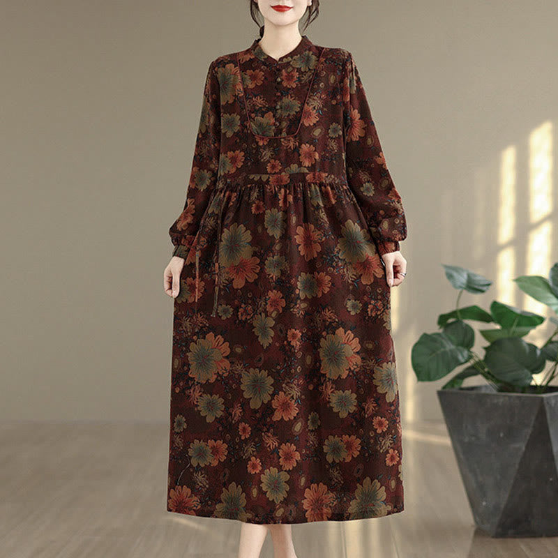Buddha Stones Flower Pattern Long Sleeve Cotton Midi Dress With Pockets - image 2