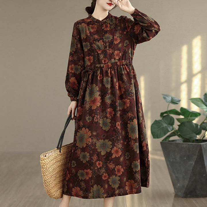 Buddha Stones Flower Pattern Long Sleeve Cotton Midi Dress With Pockets - image 3