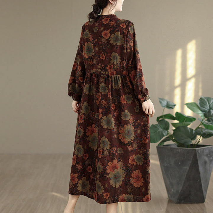 Buddha Stones Flower Pattern Long Sleeve Cotton Midi Dress With Pockets - image 6