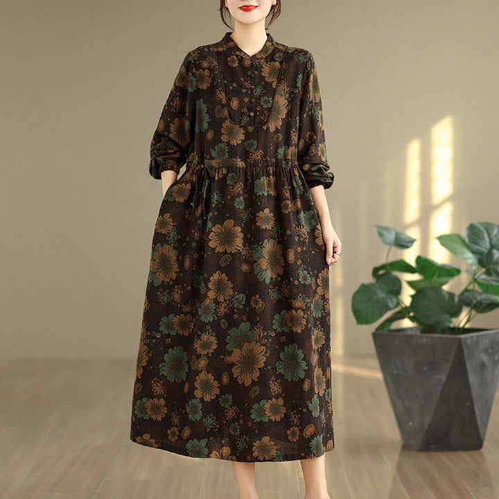 Buddha Stones Flower Pattern Long Sleeve Cotton Midi Dress With Pockets - SaddleBrown - US4，UK/AU8，EU36 (F) - image 16