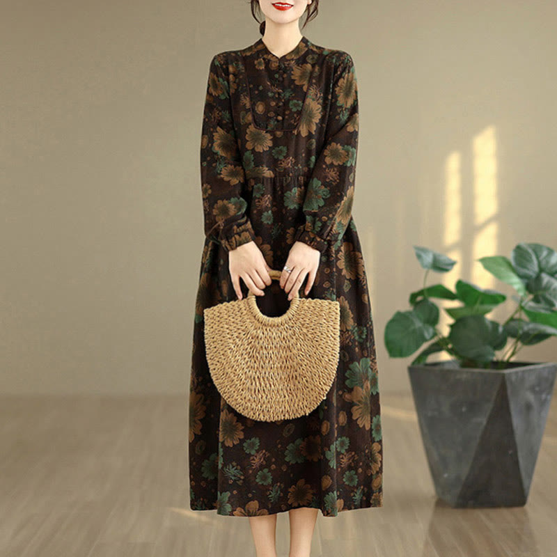 Buddha Stones Flower Pattern Long Sleeve Cotton Midi Dress With Pockets - image 18