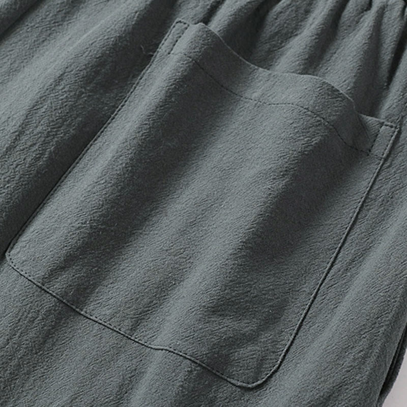 Buddha Stones Plain Straight Leg Zipper Design Men's Cotton Linen Pants With Pockets - image 7