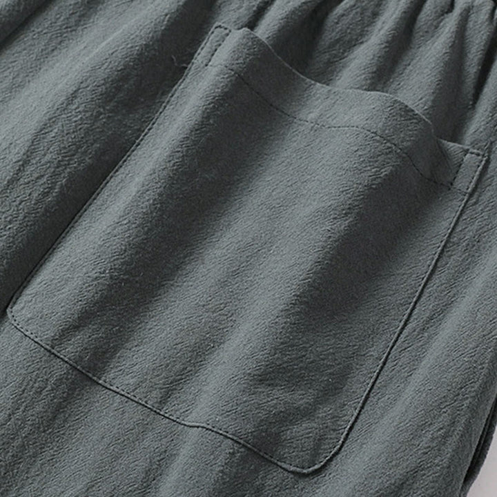Buddha Stones Plain Straight Leg Zipper Design Men's Cotton Linen Pants With Pockets - image 7