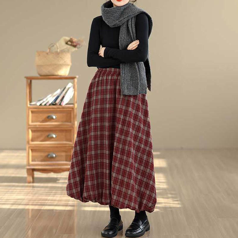 Buddha Stones Women's Plaid Pattern Cotton Skirt With Pockets - FireBrick - US6，UK/AU10，EU38 (XL) - image 0