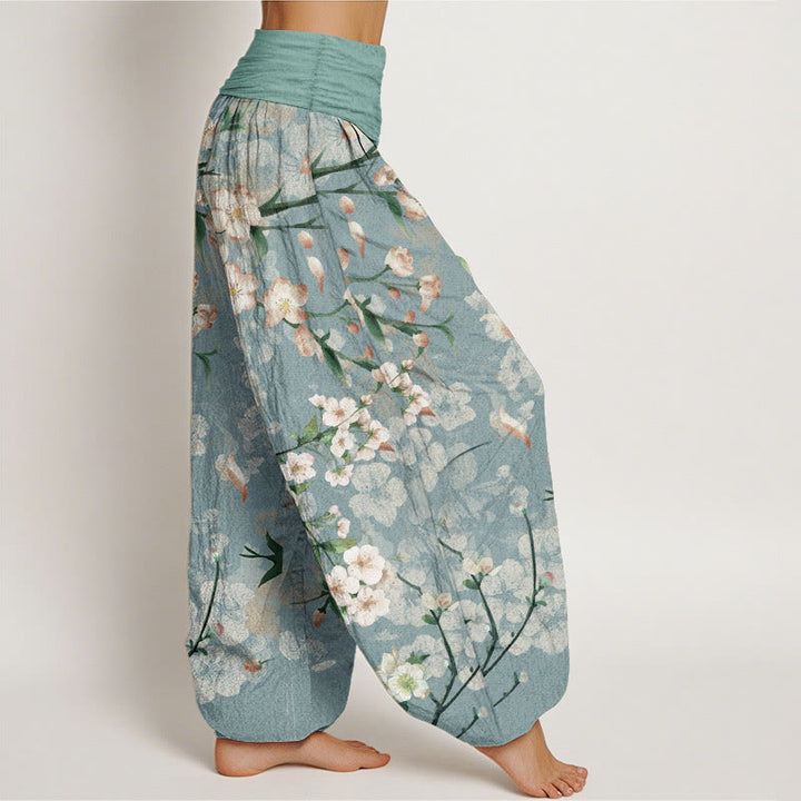 Buddha Stones Pure Cotton Peach Blossoms Flying Geese Pattern Women's Elastic Waist Harem Pants - image 2