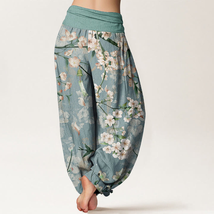 Buddha Stones Cotton Peach Blossoms Flying Geese Pattern Women's Elastic Waist Harem Pants - image 1