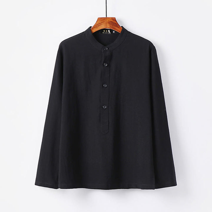 Buddha Stones Simple Solid Color Half Buttons Men's Long Sleeve Cotton Shirt - Black - US/UK/AU46，EU56 (5XL) - image 7