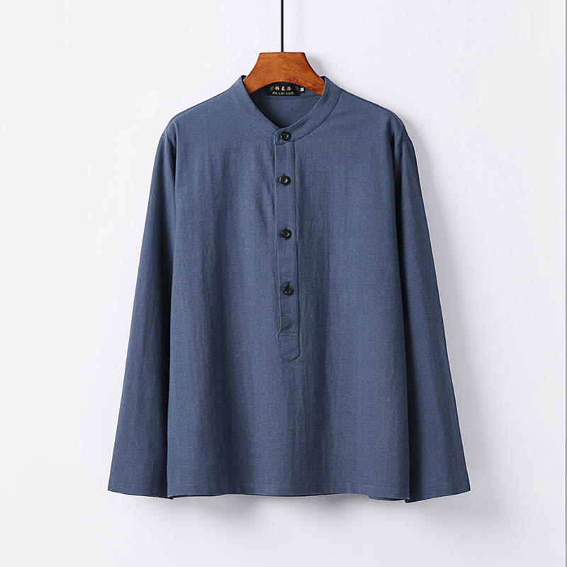 Buddha Stones Simple Solid Color Half Buttons Men's Long Sleeve Cotton Shirt - SteelBlue - US/UK/AU46，EU56 (5XL) - image 0