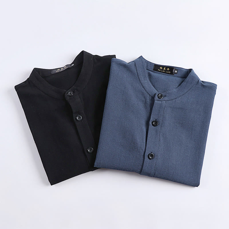 Buddha Stones Simple Solid Color Half Buttons Men's Long Sleeve Cotton Shirt - image 8