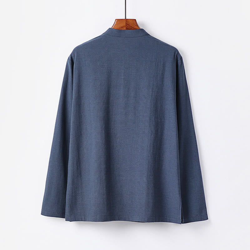 Buddha Stones Simple Solid Color Half Buttons Men's Long Sleeve Cotton Shirt - image 1