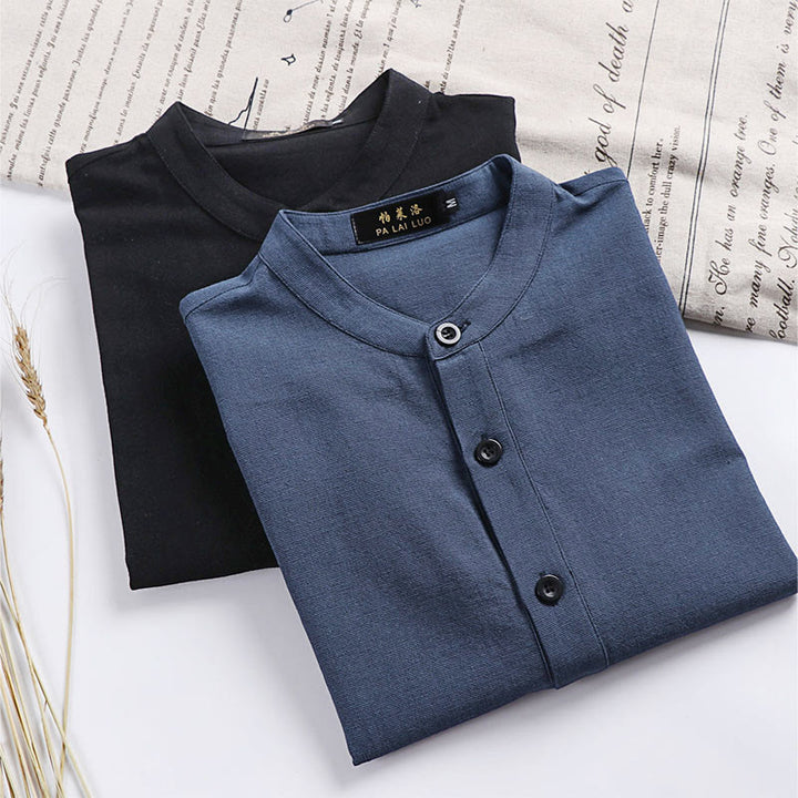 Buddha Stones Simple Solid Color Half Buttons Men's Long Sleeve Cotton Shirt - image 9
