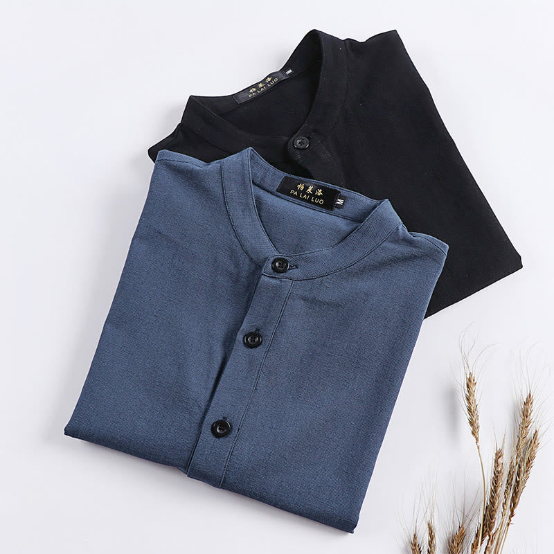 Buddha Stones Simple Solid Color Half Buttons Men's Long Sleeve Cotton Shirt - image 10