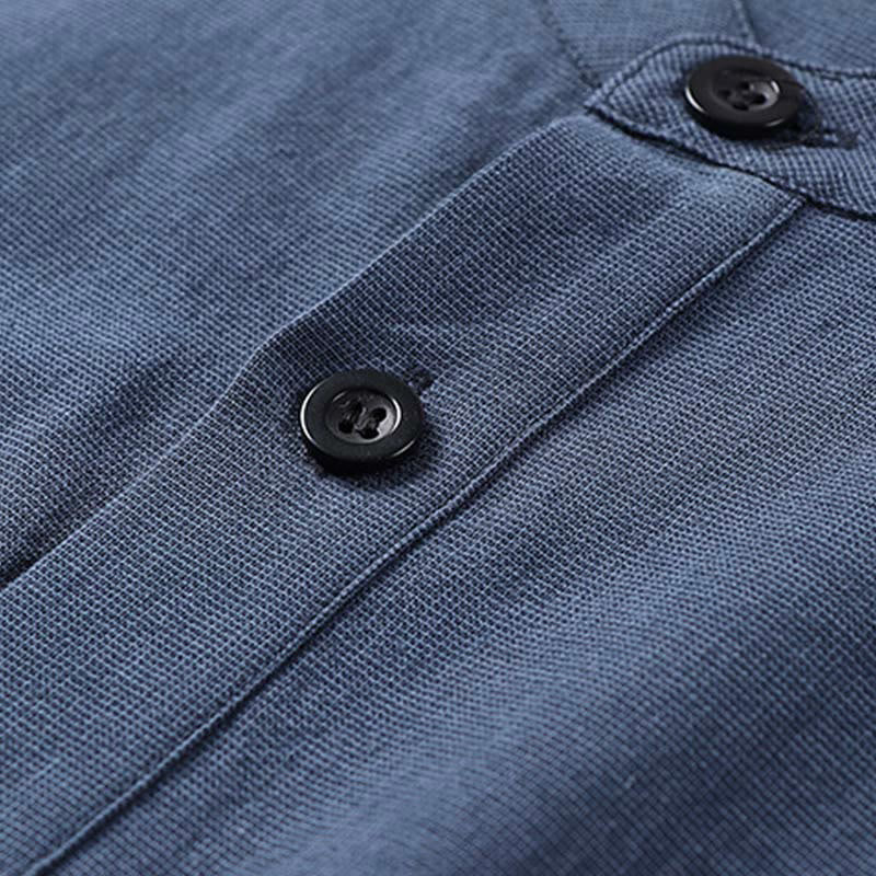 Buddha Stones Simple Solid Color Half Buttons Men's Long Sleeve Cotton Shirt - image 3