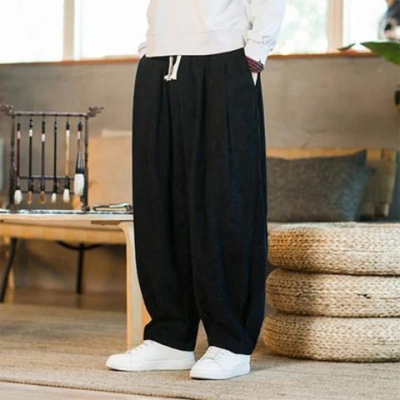 Buddha Stones Retro Men's Plain Fleece-Lined Corduroy Simple Design Harem Pants With Pockets - Black - US/UK/AU46，EU56 (5XL) - image 36