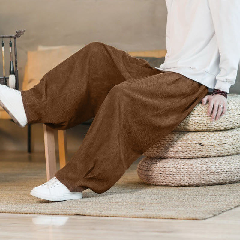Buddha Stones Retro Men's Plain Fleece-Lined Corduroy Simple Design Harem Pants With Pockets - image 9