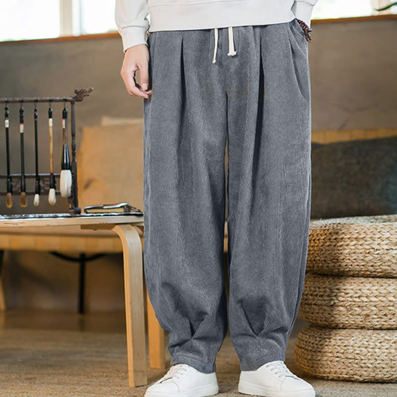 Buddha Stones Retro Men's Plain Fleece-Lined Corduroy Simple Design Harem Pants With Pockets - image 19