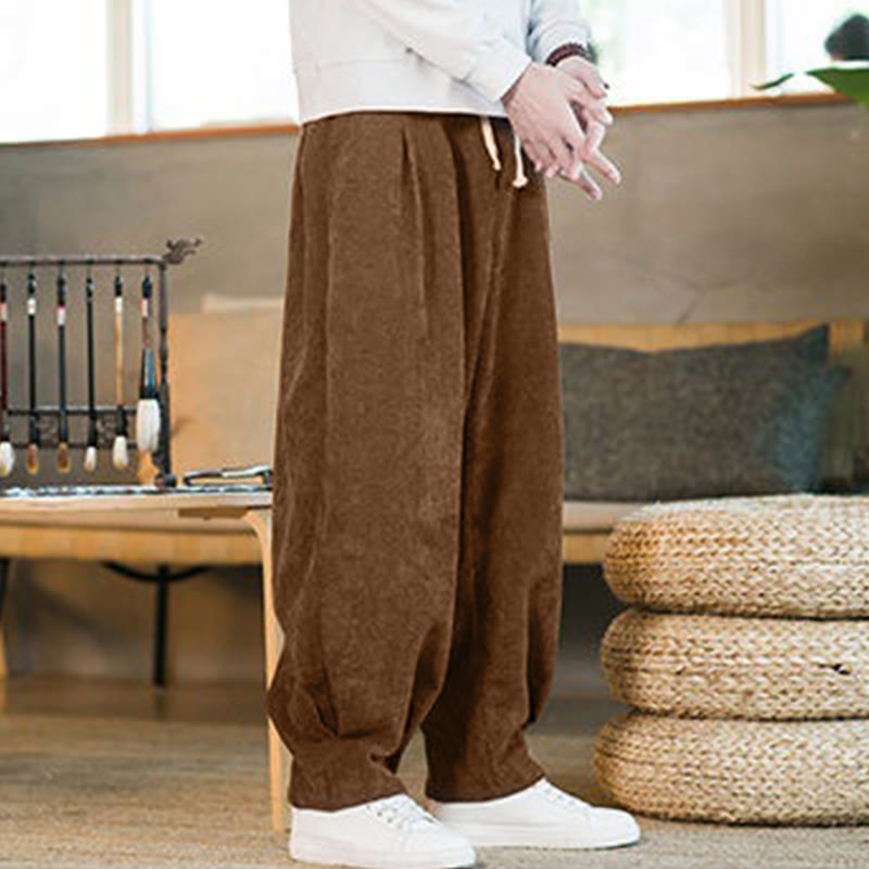 Buddha Stones Retro Men's Plain Fleece-Lined Corduroy Simple Design Harem Pants With Pockets - image 8