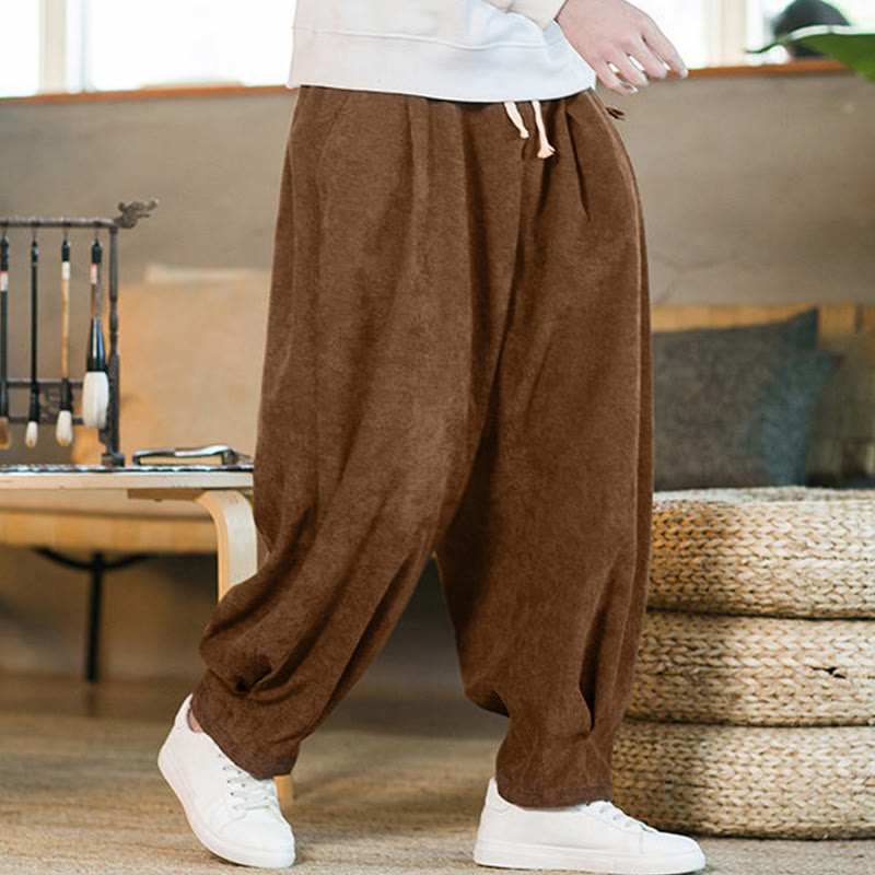 Buddha Stones Retro Men's Plain Fleece-Lined Corduroy Simple Design Harem Pants With Pockets - image 3