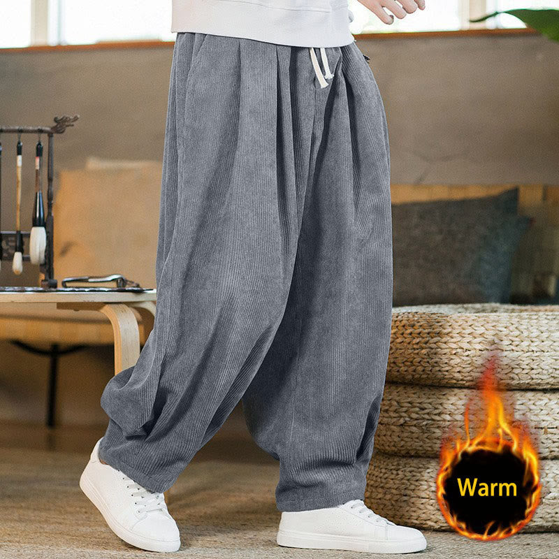 Buddha Stones Retro Men's Plain Fleece-Lined Corduroy Simple Design Harem Pants With Pockets - LightSlateGray(Fleece-Lined) - US/UK/AU46，EU56 (5XL) - image 12