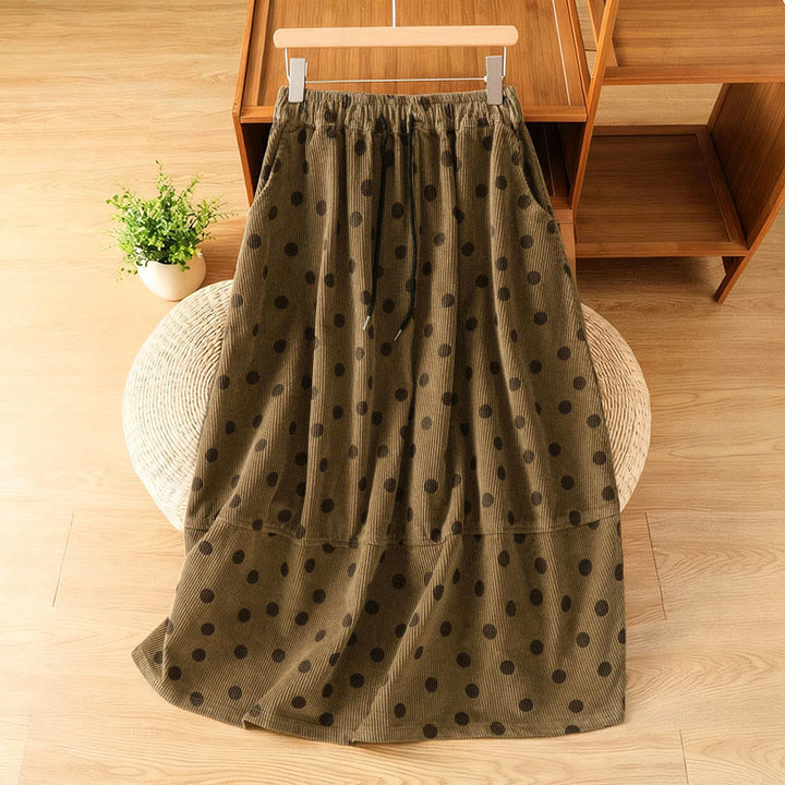 Buddha Stones Winter Polka Dot Pattern Women's Corduroy Skirt With Pockets - DarkGoldenrod - US4，UK/AU8，EU36 (F) - image 0