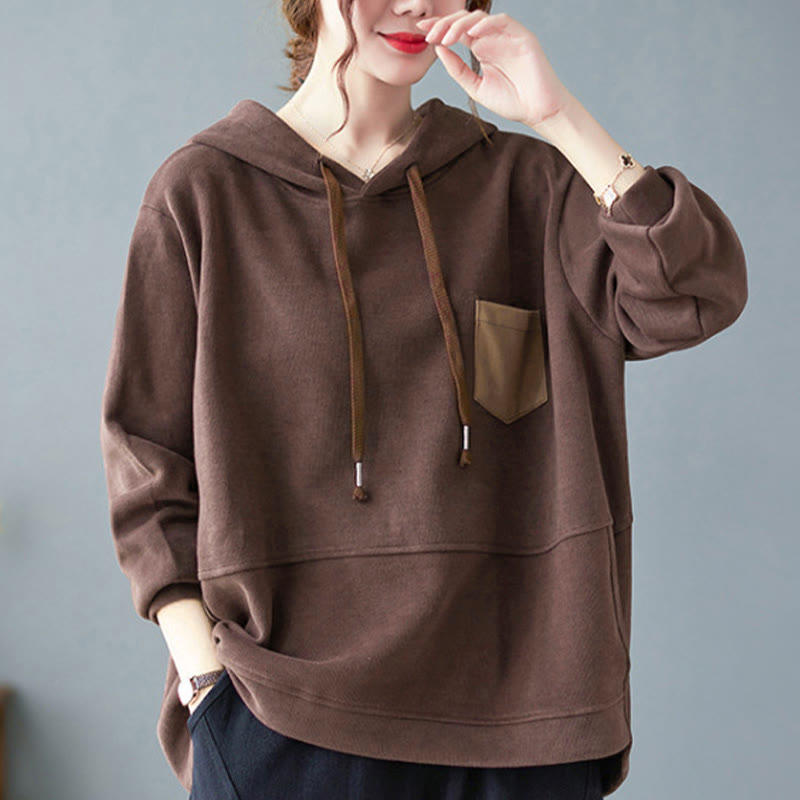 Buddha Stones Fall Solid Color Decorative Pocket Cotton Long Sleeve Women's Hoodie - image 2